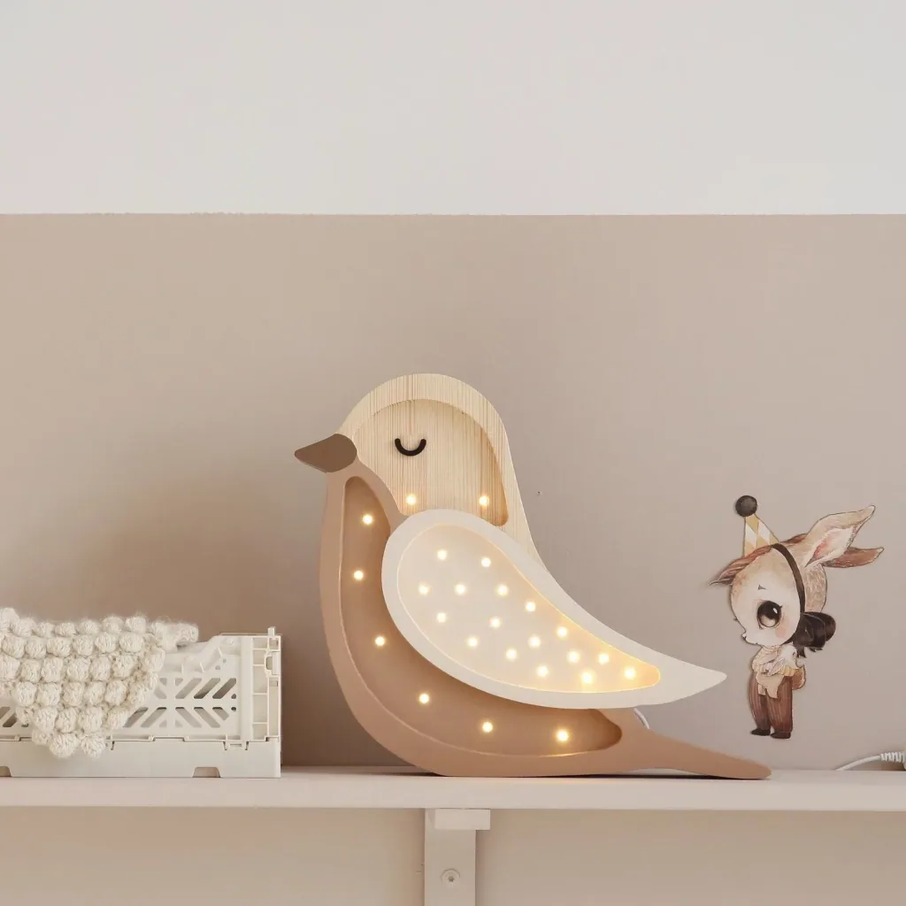 Little Lights Kinder-nachtlampje, vogel - 100% natuurlijk grenen hout, kleur: koffiehout