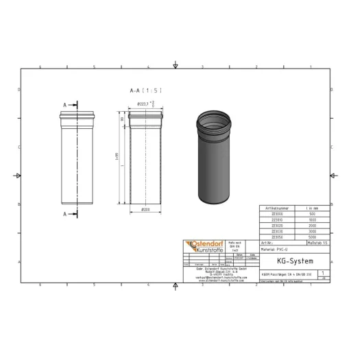 KG Buis DN 200, SN4, 200 x 1000 mm, Afvoerbuis, Rioolbuis