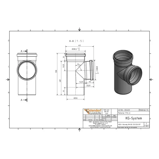 PVC afvoerbuis, Afvoerbuis 250mm, Rioolbuis, KGEA Abzweig DN/OD 250/250 87 graden