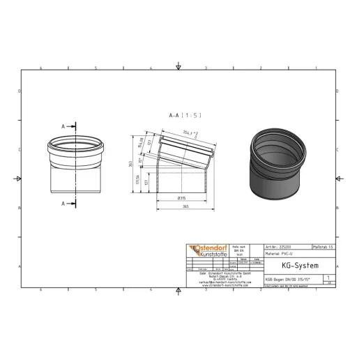 PVC buis 315mm, Afvoerbocht 315mm, bocht 15 graden