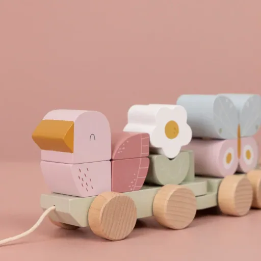 Little Dutch houten trein met blokken "Bloemen & Vlinders" roze