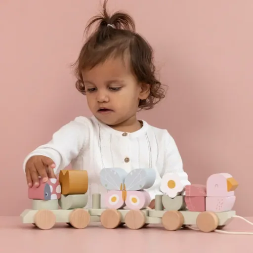 Little Dutch houten trein met blokken "Bloemen & Vlinders" roze