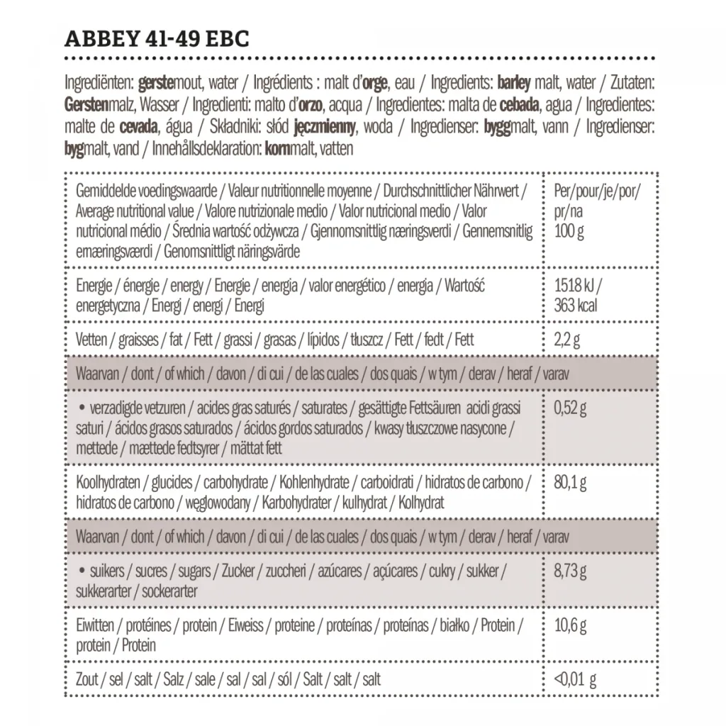 Castle Malting Abbey Mout - 41-49 EBC, 1 kg, geeft een sterke smaak van gebakken brood, noten en fruit