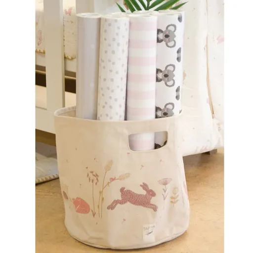 Taftan opbergmand "Hello World" roze-beige