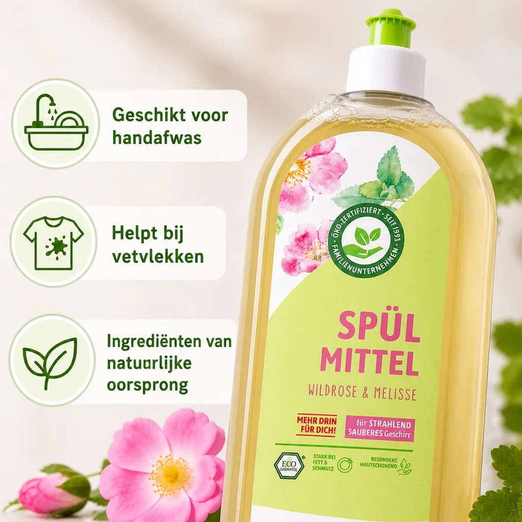 Afwasmiddel, 1 liter, Wildroos Melisse, natuurlijk afwasmiddel