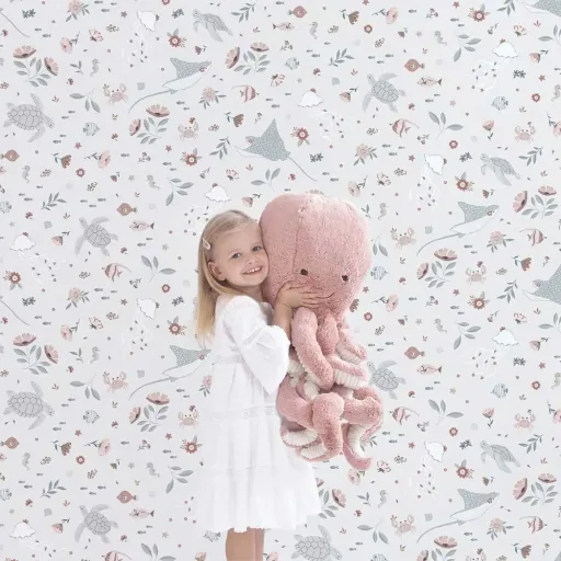 Lilipinso vliesbehang bloemen onderwaterwereld grijs roze