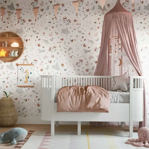 Lilipinso vliesbehang bloemen onderwaterwereld grijs roze