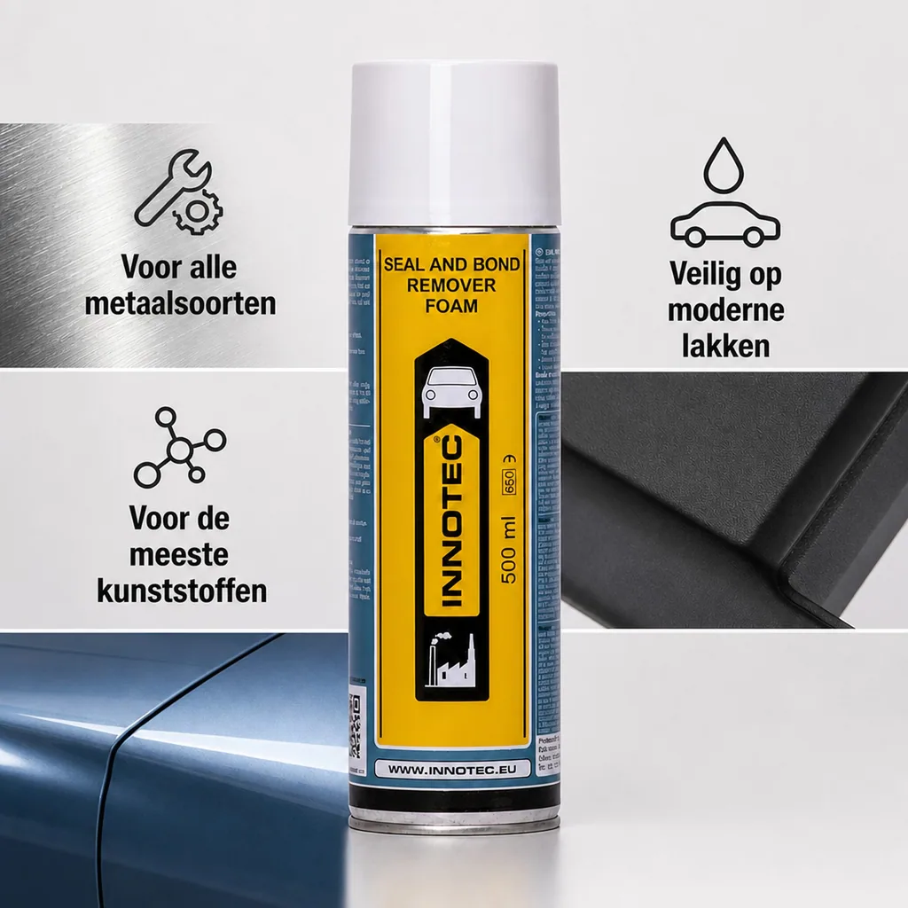 Lijmresten verwijderen, kitresten verwijderen, Innotec Seal and Bond Remover Foam 500 ml, kleefresten verwijderen