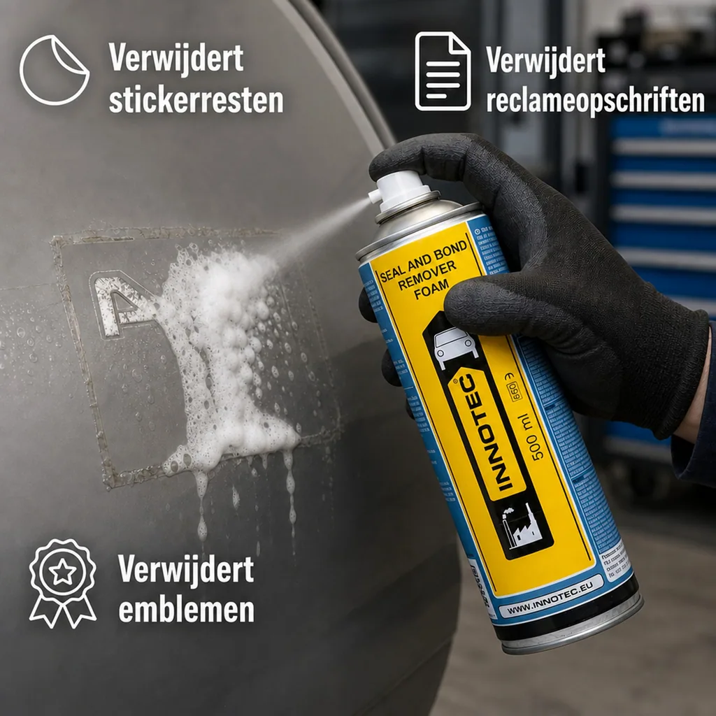 Lijmresten verwijderen, kitresten verwijderen, Innotec Seal and Bond Remover Foam 500 ml, kleefresten verwijderen