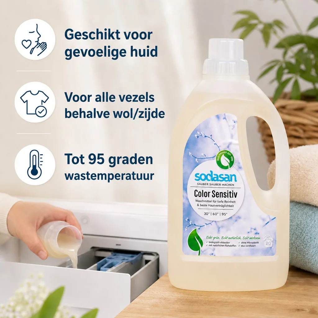 Wasmiddel gevoelige huid, kleurwasmiddel, sensitief vloeibaar wasmiddel 1,5 Liter, parfumvrij wasmiddel, wasmiddel baby