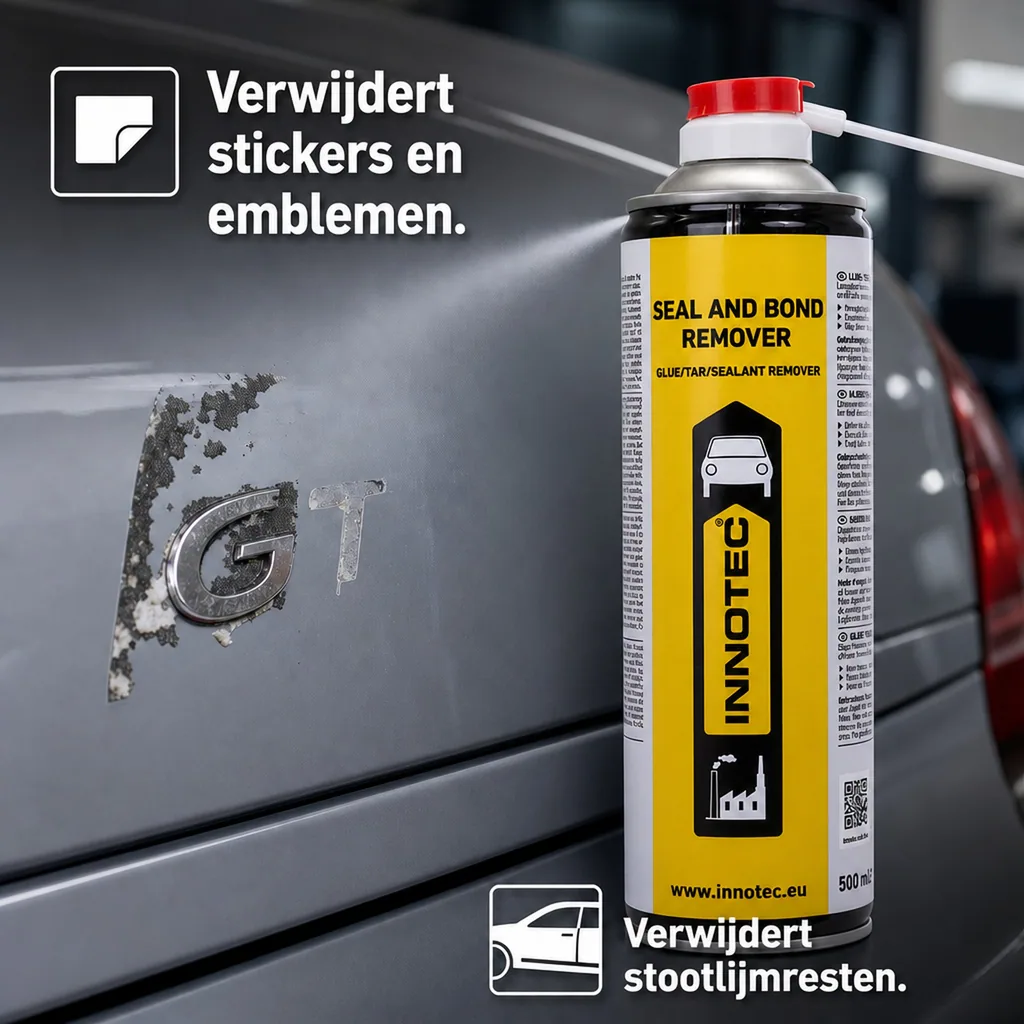 Lijmresten verwijderen, sticker verwijderen, kit verwijderen, lijm oplossen, Innotec Seal and Bond Remover 500 ml