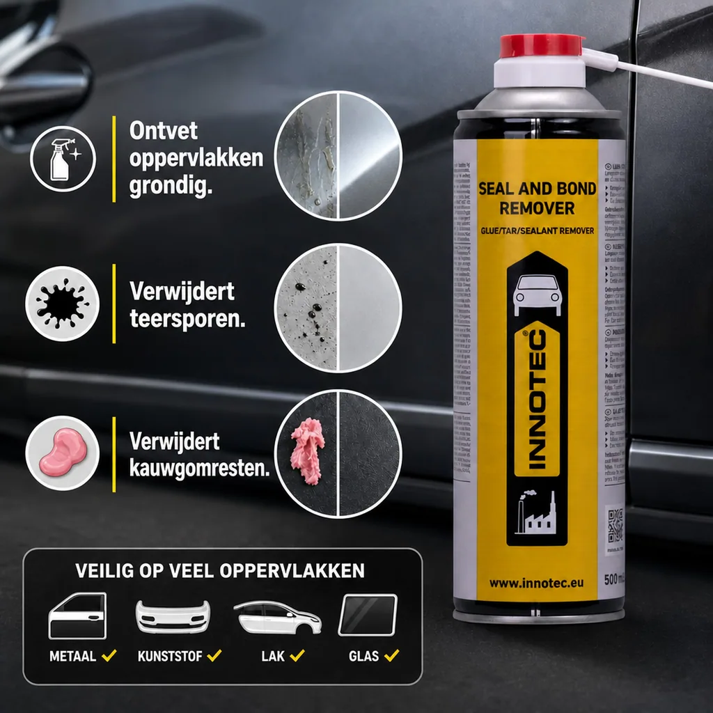 Lijmresten verwijderen, sticker verwijderen, kit verwijderen, lijm oplossen, Innotec Seal and Bond Remover 500 ml
