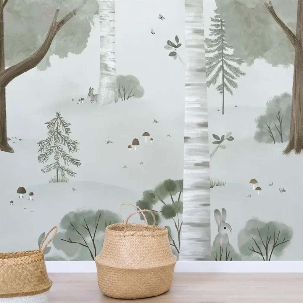 Lilipinso behang, kinderkamer muurontwerp, panorama, berkenbos