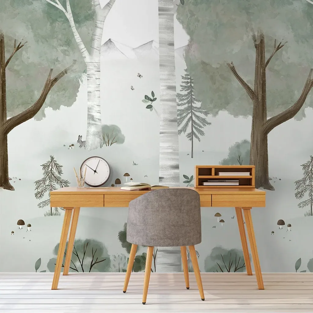 Lilipinso behang, kinderkamer muurontwerp, panorama, berkenbos