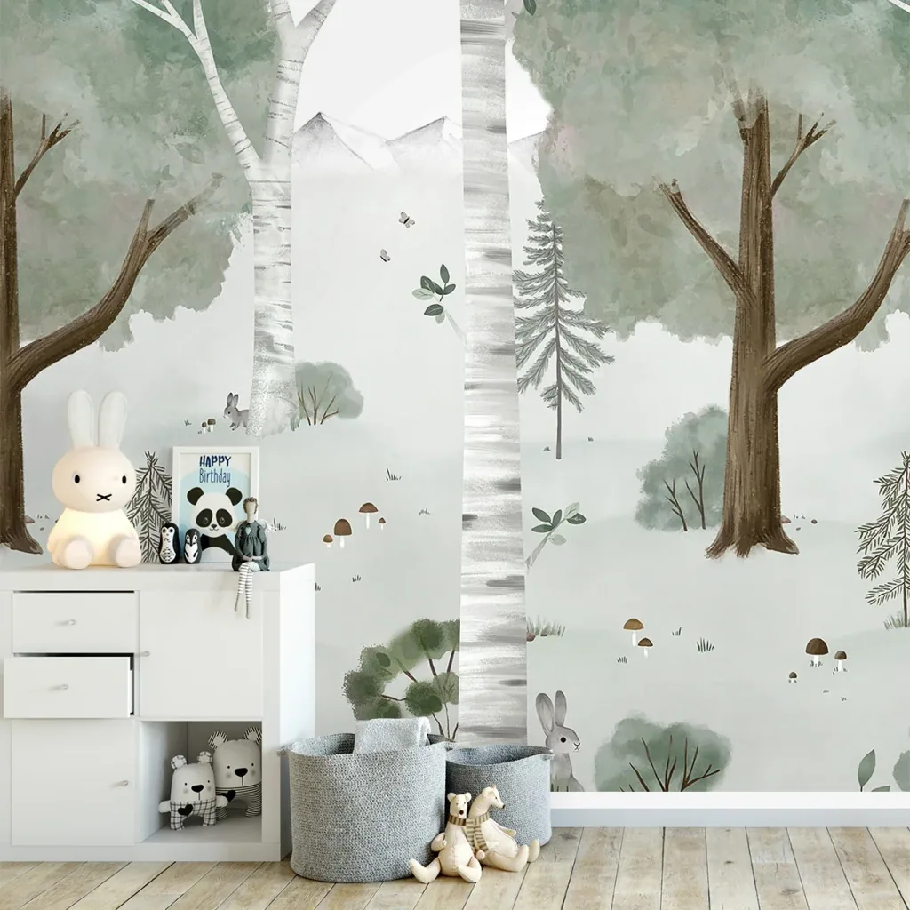 Lilipinso behang, kinderkamer muurontwerp, panorama, berkenbos