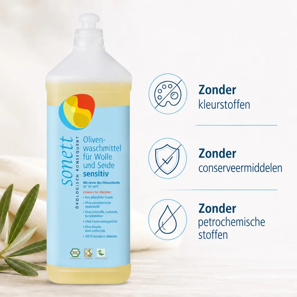 Wasmiddel wol en zijde, 1 Liter, wasmiddel gevoelige huid, wasmiddel olijfolie, vloeibaar, parfumvrij