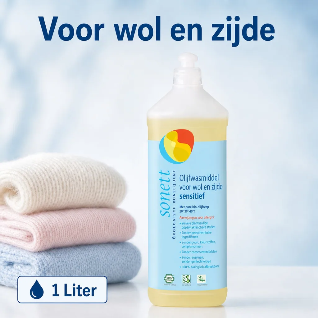 Wasmiddel wol en zijde, 1 Liter, wasmiddel gevoelige huid, wasmiddel olijfolie, vloeibaar, parfumvrij