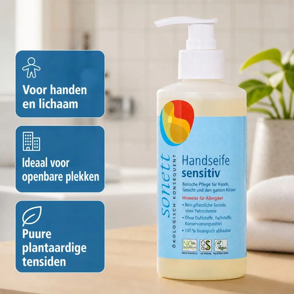 Handzeep, gevoelige huid, Sonett sensitiv 300ml, handzeep dispenser, parfumvrije handzeep
