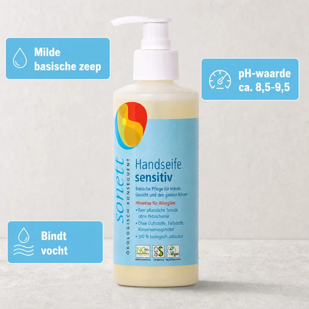 Handzeep, gevoelige huid, Sonett sensitiv 300ml, handzeep dispenser, parfumvrije handzeep