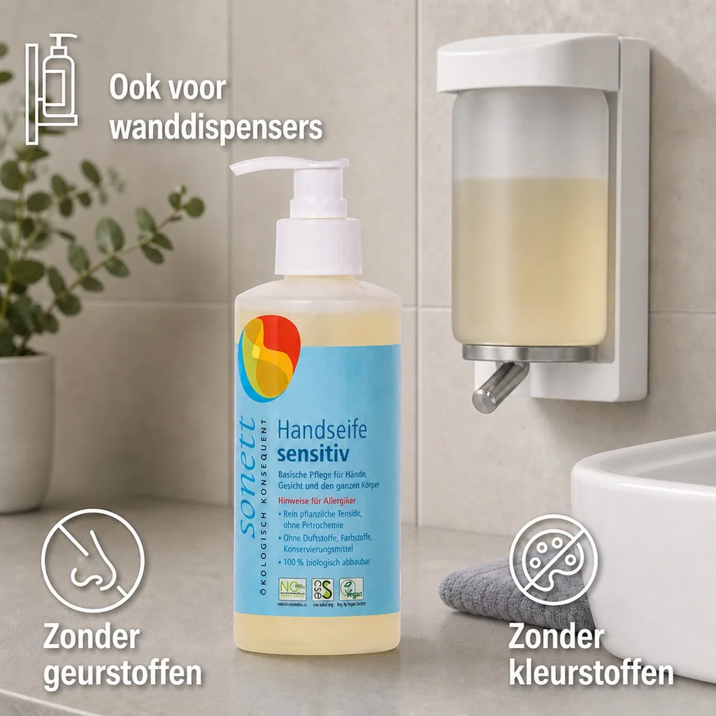 Handzeep, gevoelige huid, Sonett sensitiv 300ml, handzeep dispenser, parfumvrije handzeep