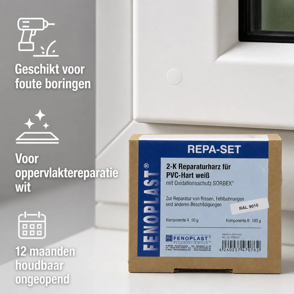 Kunststof reparatieset, kunststof reparatie set, 2K reparatie hars, kunststof venster reparatie, RAL 9010, reinweiß