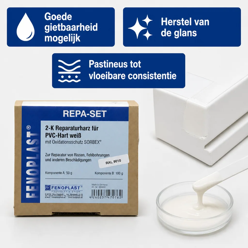 Kunststof reparatieset, kunststof reparatie set, 2K reparatie hars, kunststof venster reparatie, RAL 9010, reinweiß