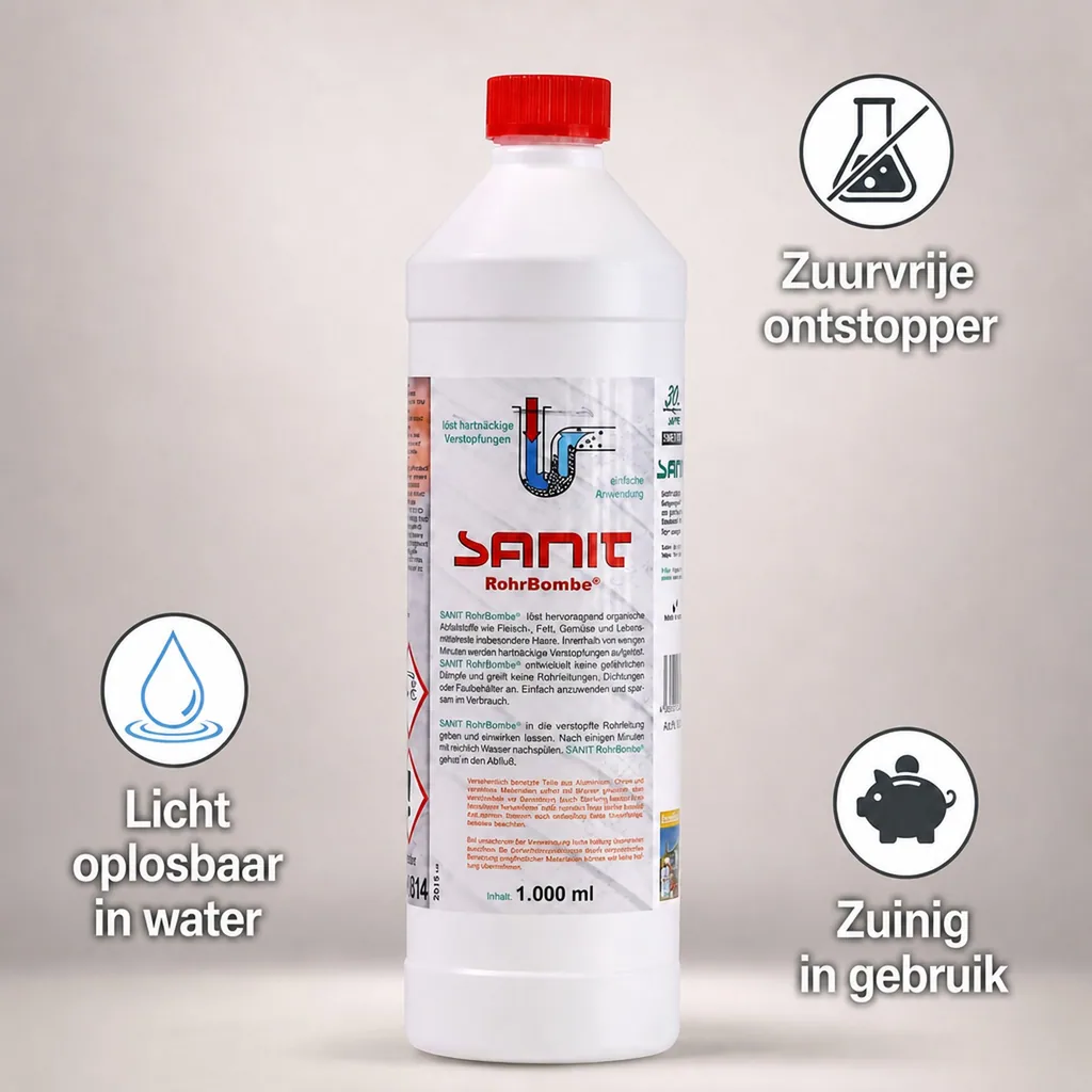 Afvoer ontstoppen vloeibaar, 1 Liter, afvoer reiniger, Sanit Rohrbombe