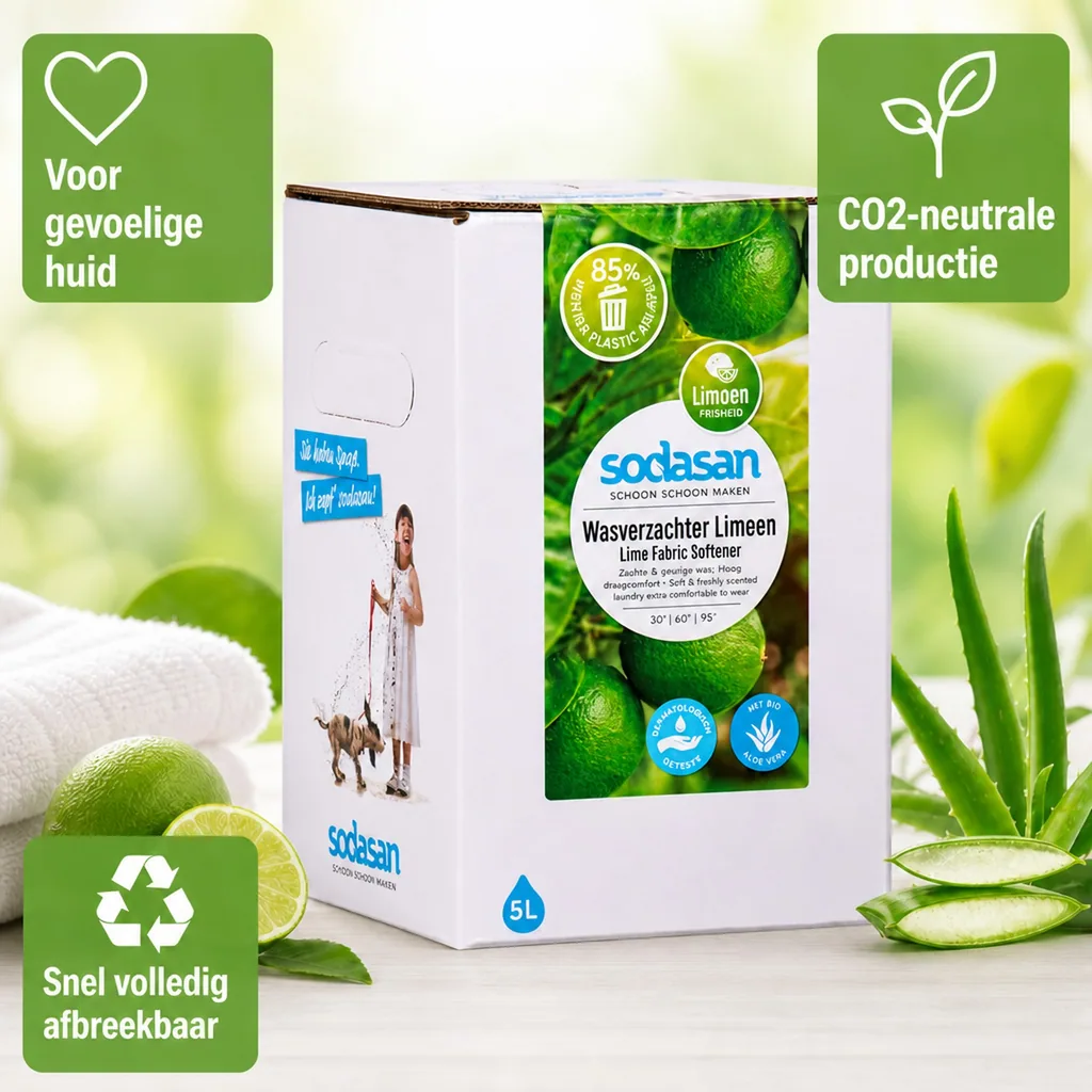 Wasverzachter, natuurlijke wasverzachter, ecologische wasverzachter, lime, 5 liter navulling grootverpakking