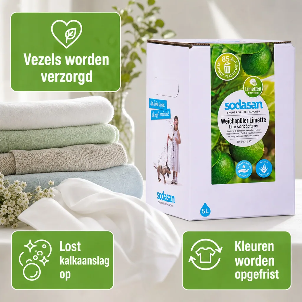 Wasverzachter, natuurlijke wasverzachter, ecologische wasverzachter, lime, 5 liter navulling grootverpakking