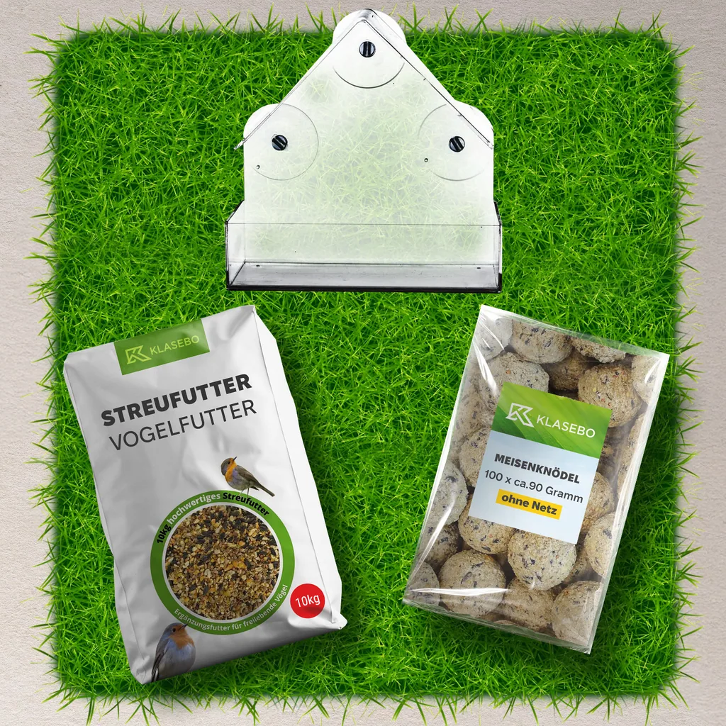Set Vogelsvoer Venster 10kg – Premium Strooivoer 10 kg, Voederhuis voor Vensterruit 1 Stk, Mezenbollen zonder Net 100 Stk