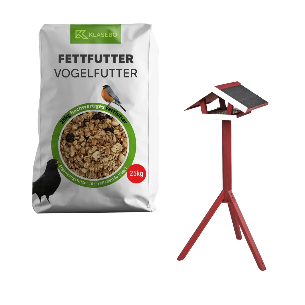 Set Vogelvoer Compleet 25kg – Premium Wildvogelvoer 25kg, Staand Vogelvoederhuis met Standaard van Hout rood/wit 1 Stk.
