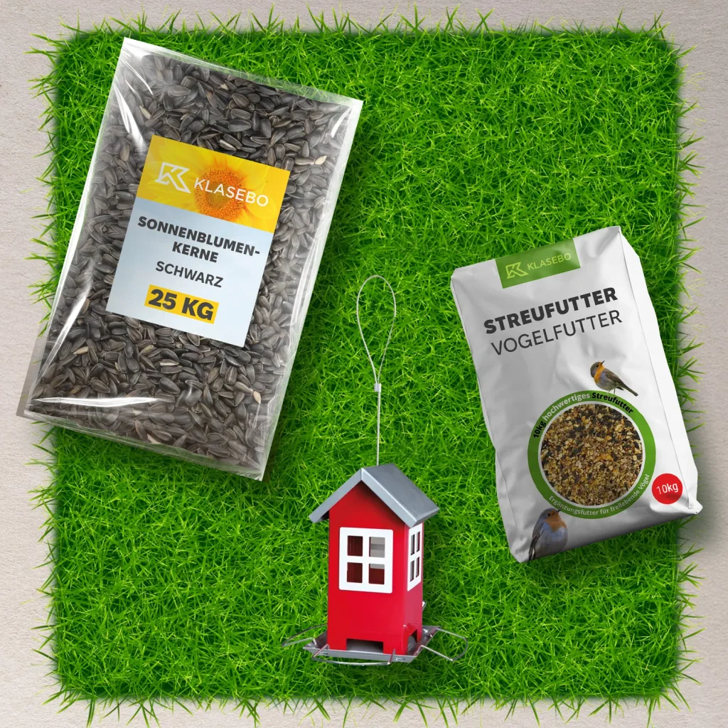 Set Vogelvoer-Station - Strooivoer Wilde Vogels 10 kg, hangend Voederhuis rood 1 Stk., Zonnebloempitten zwart-olie 25 kg