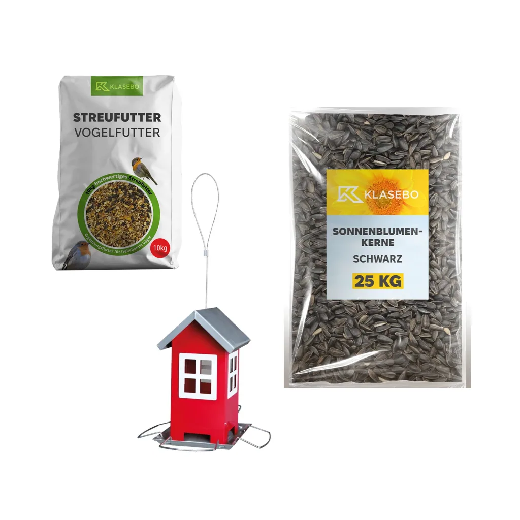 Set Vogelvoer-Station - Strooivoer Wilde Vogels 10 kg, hangend Voederhuis rood 1 Stk., Zonnebloempitten zwart-olie 25 kg