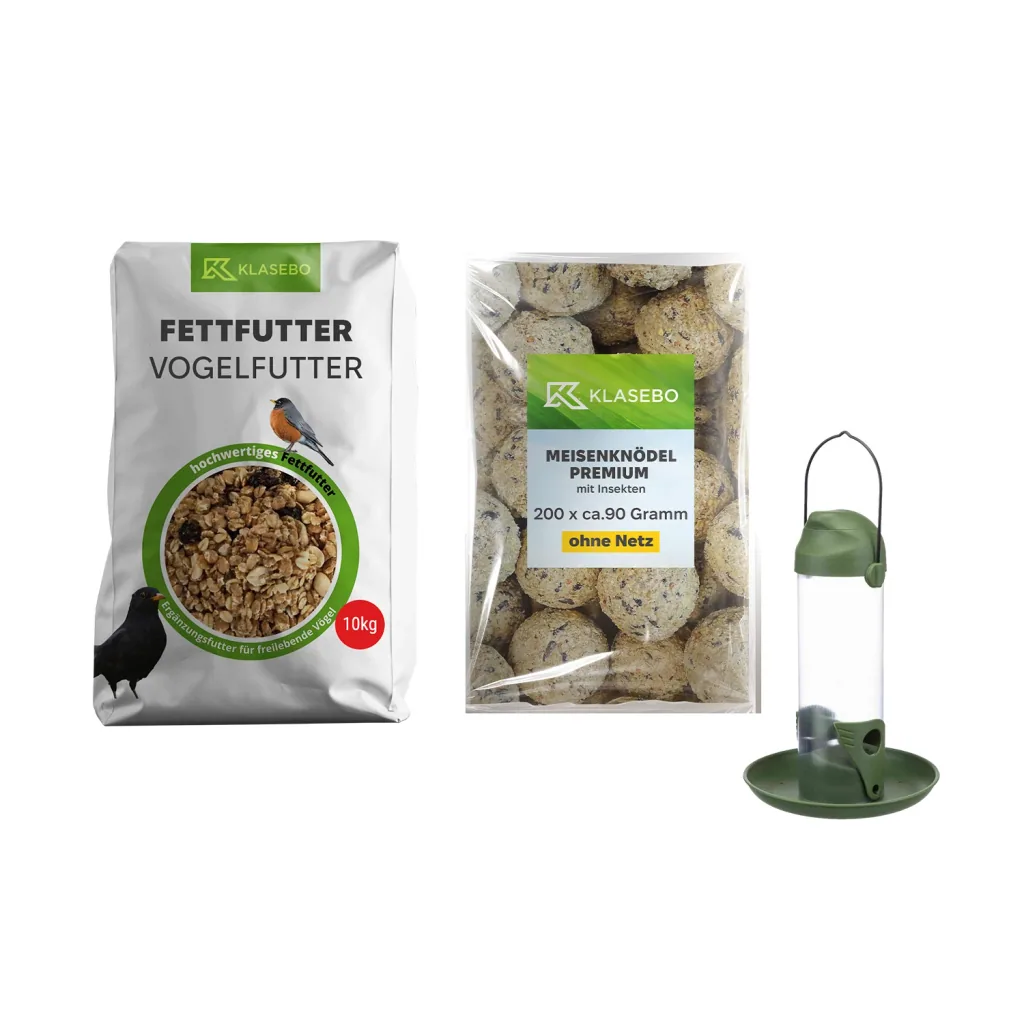 Set Vogelvoeder Compleet 10kg – Hangende Buisvoeder 500 ml, Premium Insect-Vetbollen 200 Stk. à ca. 90 g, Wildvogel-Voer 10 kg