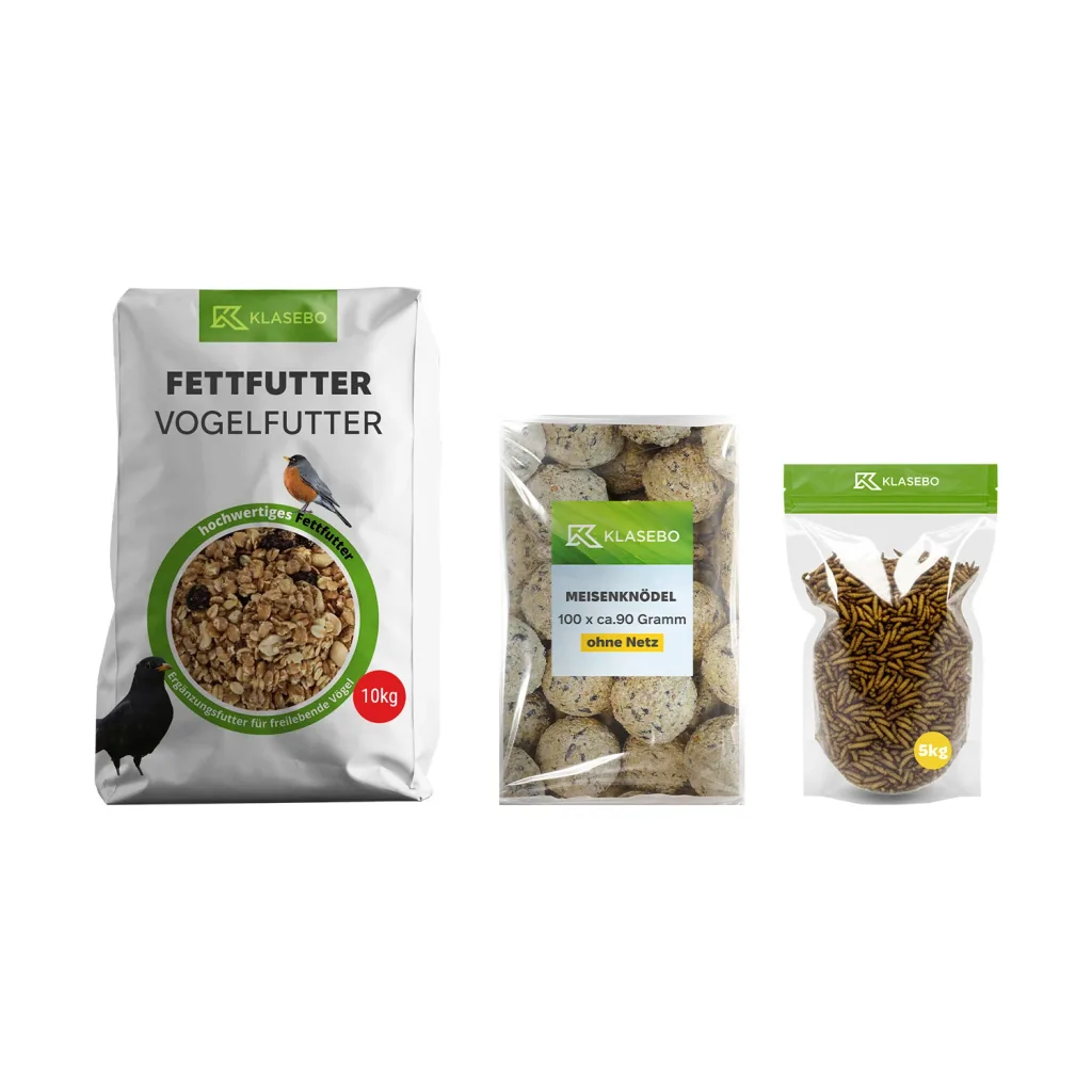 Set Wilde vogel wintervoer 40kg – Strooivoer 25kg, gedroogde zwarte Soldatenfliegenlarven 5kg, Hoogenergie Suet-mengsel 10kg