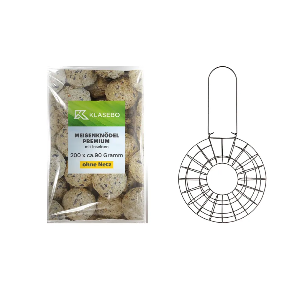 Set Vogelvoer Mezenbollen - Hangende Metalen Vogelvoerspender Ø 24 x 8 cm voor 8 Bollen, Insecten-Meelwormbollen 200 Stk à 90 g