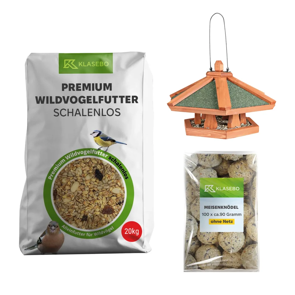 Set Wildvogel-Voer Compleet – Mezenbolletjes met Insecten 100 Stk. à ca. 90g netloos, hangend Voederhuis van Dennenhout 42x24cm, Premium-Wildvogelvoer schaalvrij 20kg
