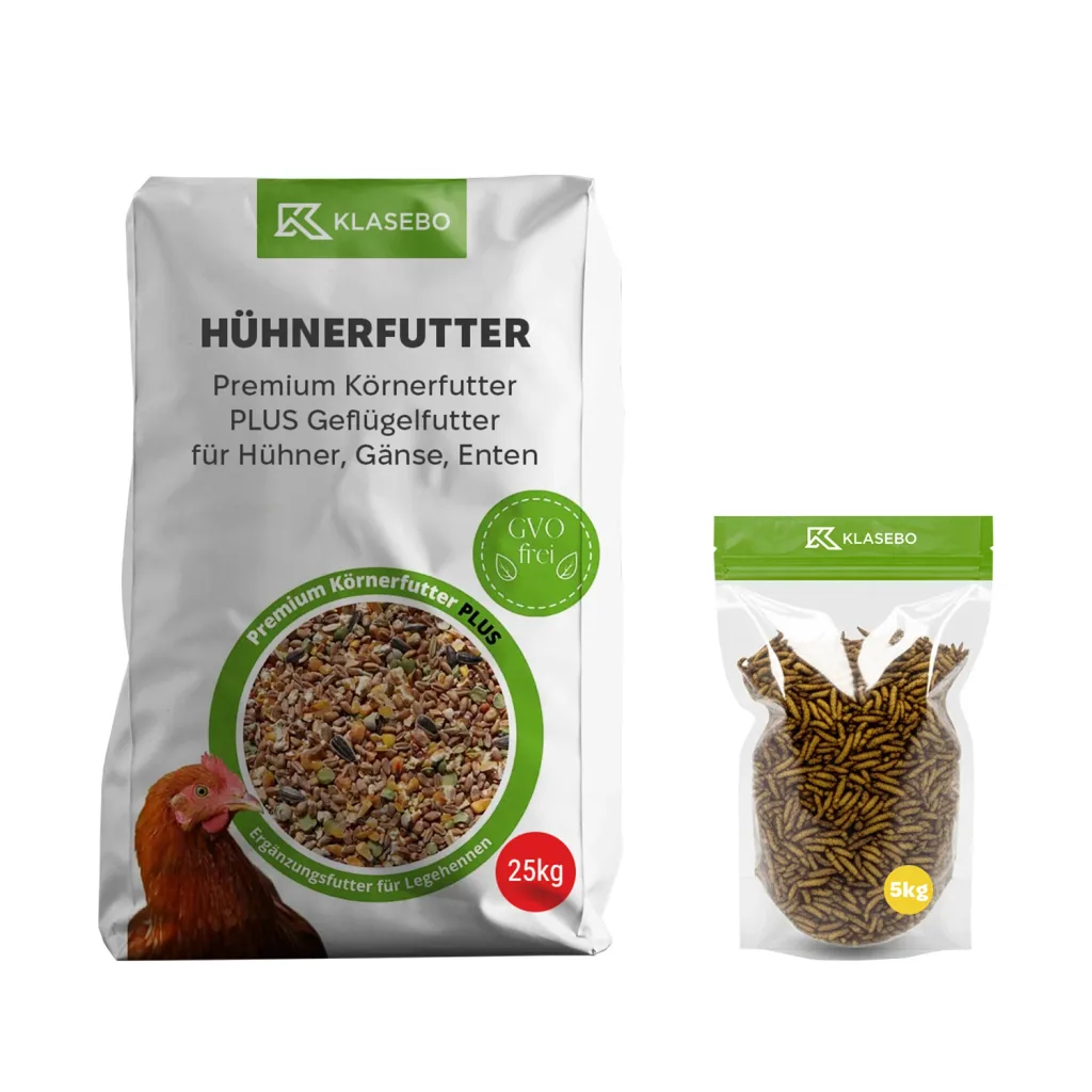 Set Kippenvoer met Insecten 30kg - Premium Pluimveevoer 25kg, Gedroogde Zwartkopmaden 5kg