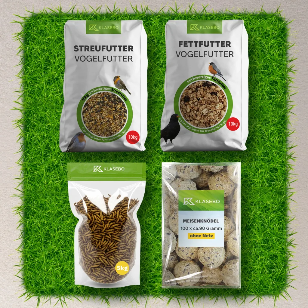 Set Vogelfutter Wildvögel Premium 34kg – Streufutter 10kg, gedroogde Soldatenfliegenlarven 5kg, Vettballen 100 Stk. à 90g, Hochenergie Suet-Mix 10kg