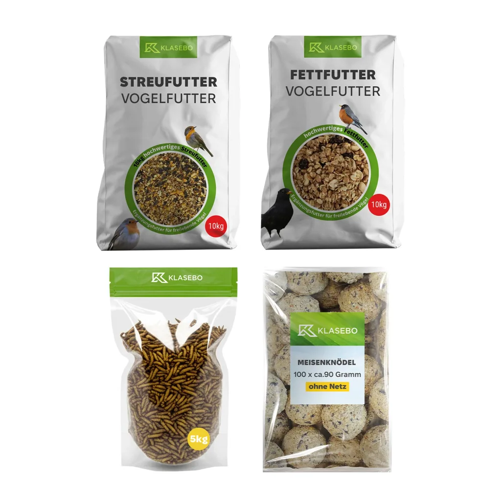Set Vogelfutter Wildvögel Premium 34kg – Streufutter 10kg, gedroogde Soldatenfliegenlarven 5kg, Vettballen 100 Stk. à 90g, Hochenergie Suet-Mix 10kg