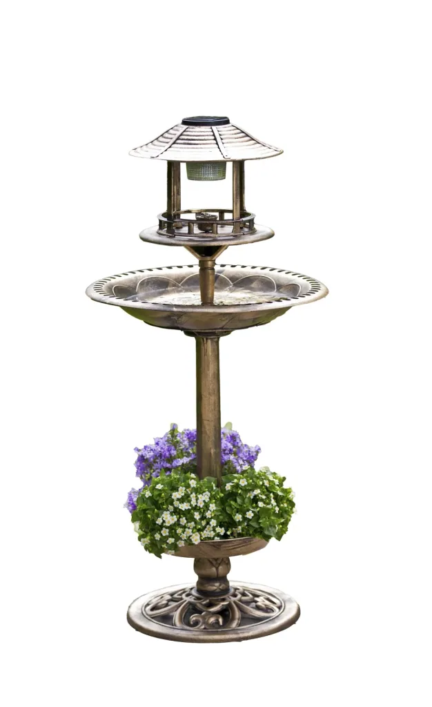 Solar bird bath with planter, bronze