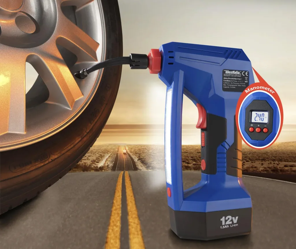 12 Volt battery-powered air pump - with work and warning light - "Hybrid"