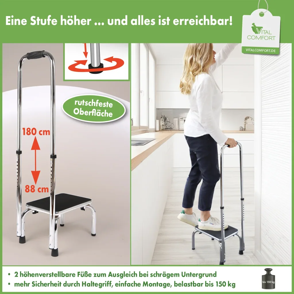 Step with height-adjustable handle, chrome, 88 - 108 cm