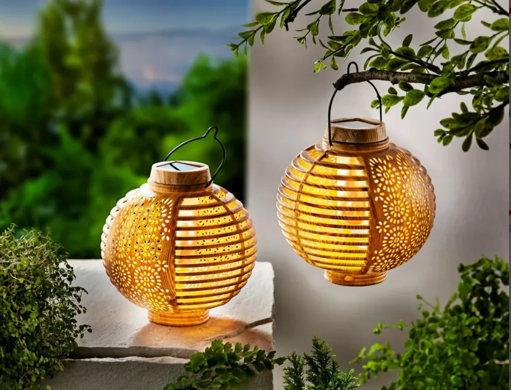 Zonnelantaarns "Flame" Bamboe, set van 2