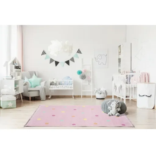 Livone kindertapijt afwasbaar roze stippen kleurrijk, Tapijtmaat: 140 x 190 cm