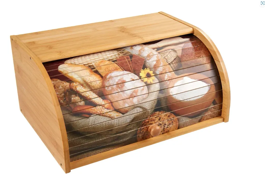 Broodtrommel van bamboe met roldeksel (motief: broodselectie)