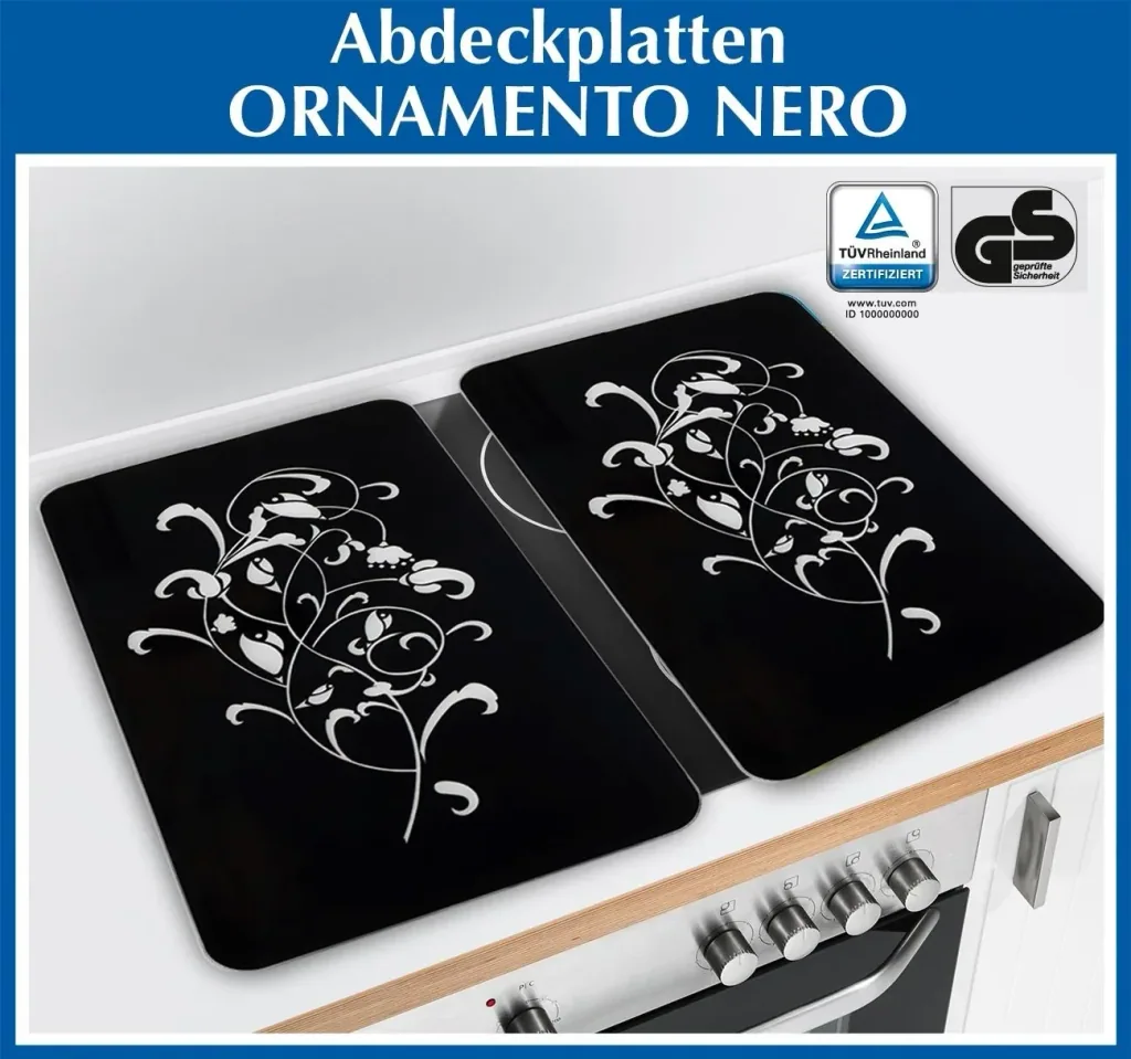 3-in-1 fornuisafdekplaten, snijplanken, "Nero", van glaskeramiek, ornamentontwerp, 52 x 30 cm, set van 2