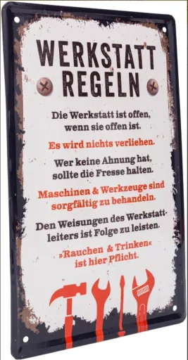 Metalen bord "Werkplaatsregels"