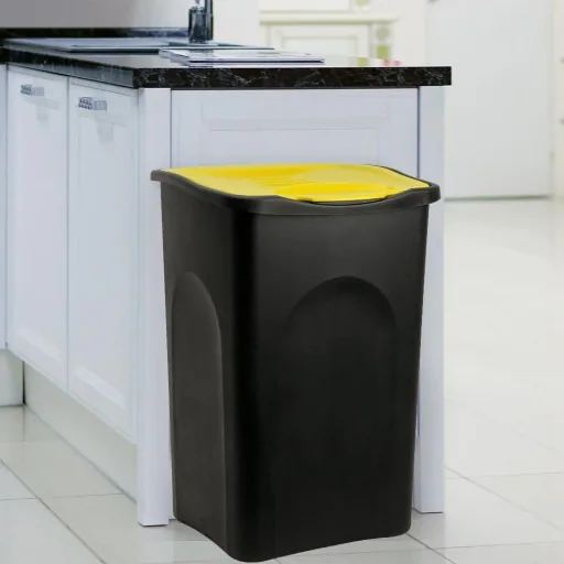 Trash can black/yellow plastic 50L
