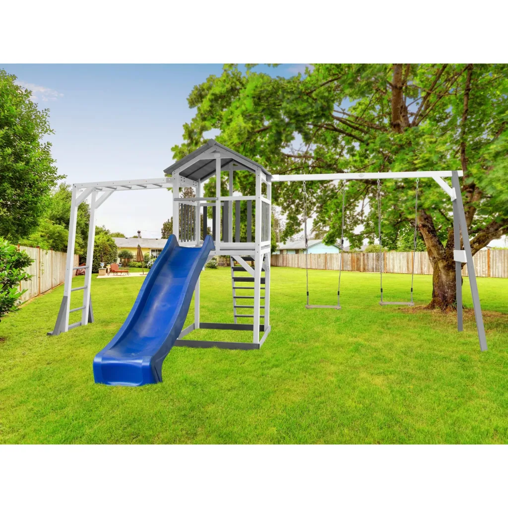 Beach Tower play tower with climbing frame and double swing - blue slide